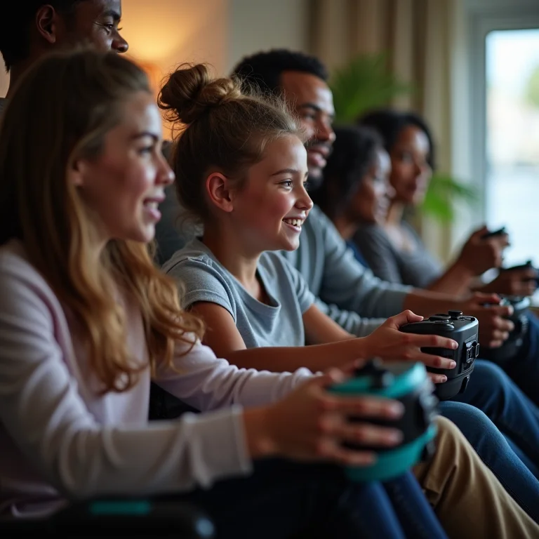 Pessoas com deficiência jogando videogame com controles adaptados, promovendo acessibilidade e conveniência.