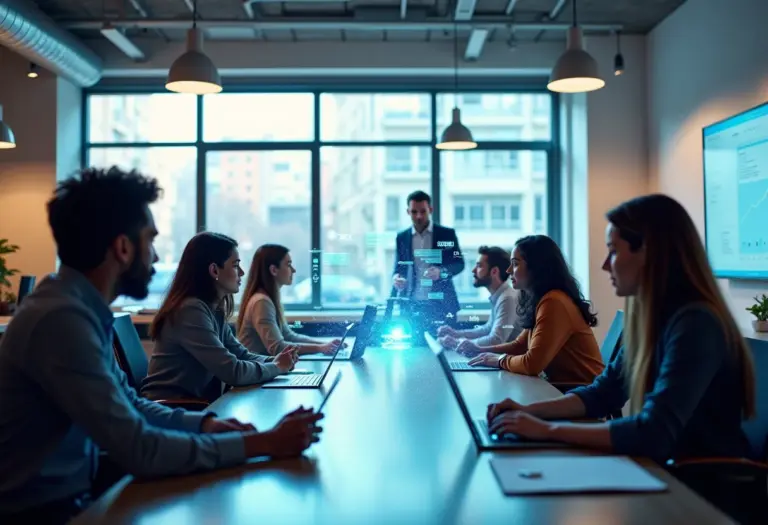 Letramento Digital: A Inovação Que Você Precisa Dominar Urgente Pessoas diversas colaborando com tecnologia futurista, representando o letramento digital na inovação.