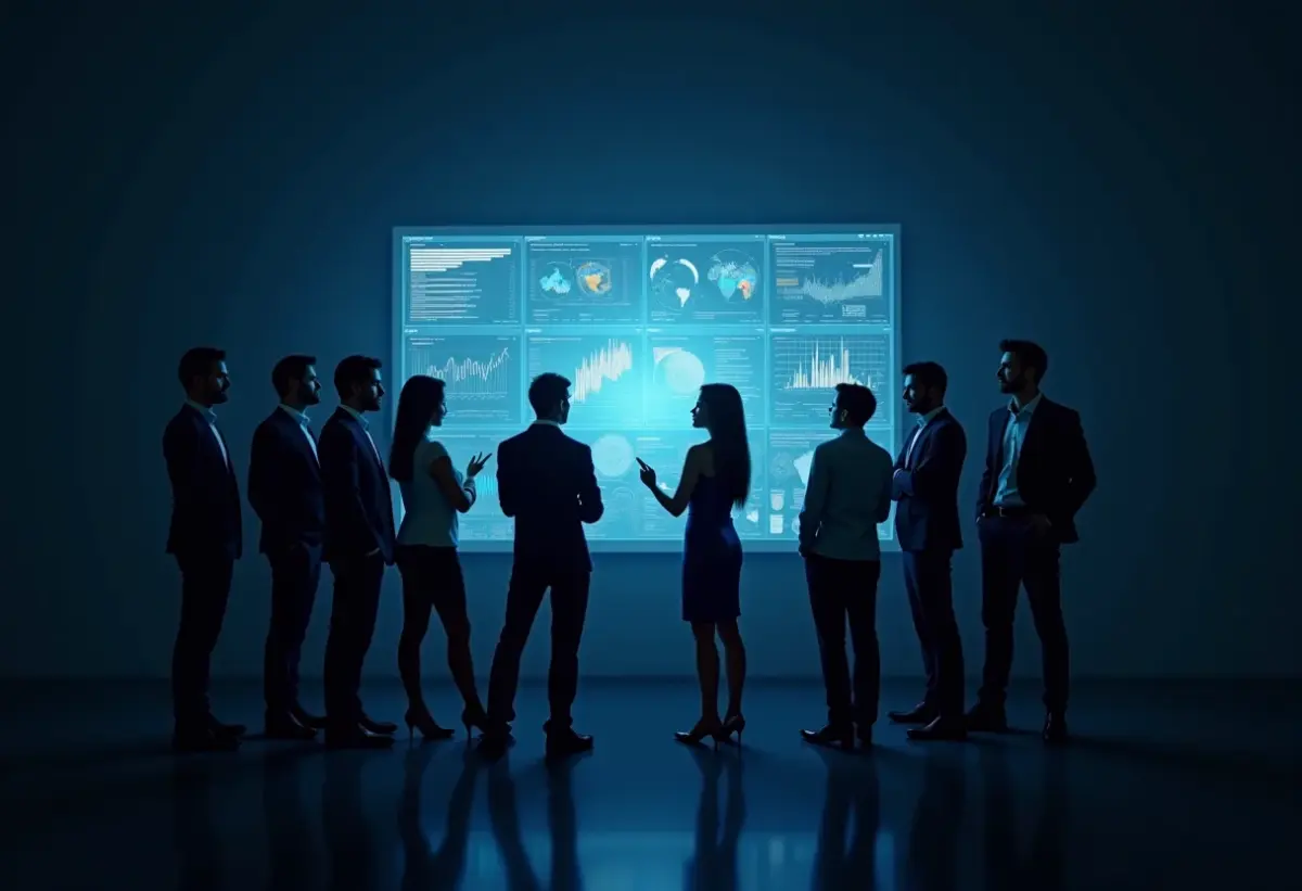 Pessoas diversas colaborando em frente a uma tela digital com visualizações de dados complexas.