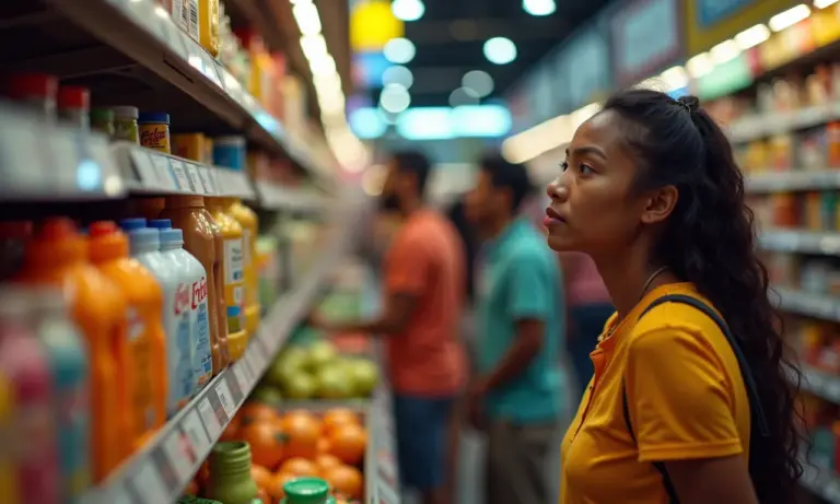 Pessoas diversas confusas com excesso de opções em mercado vibrante.