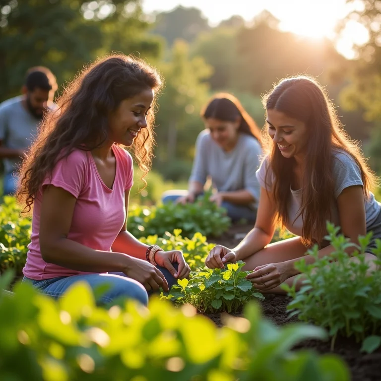 Pessoas diversas participando de horta comunitária