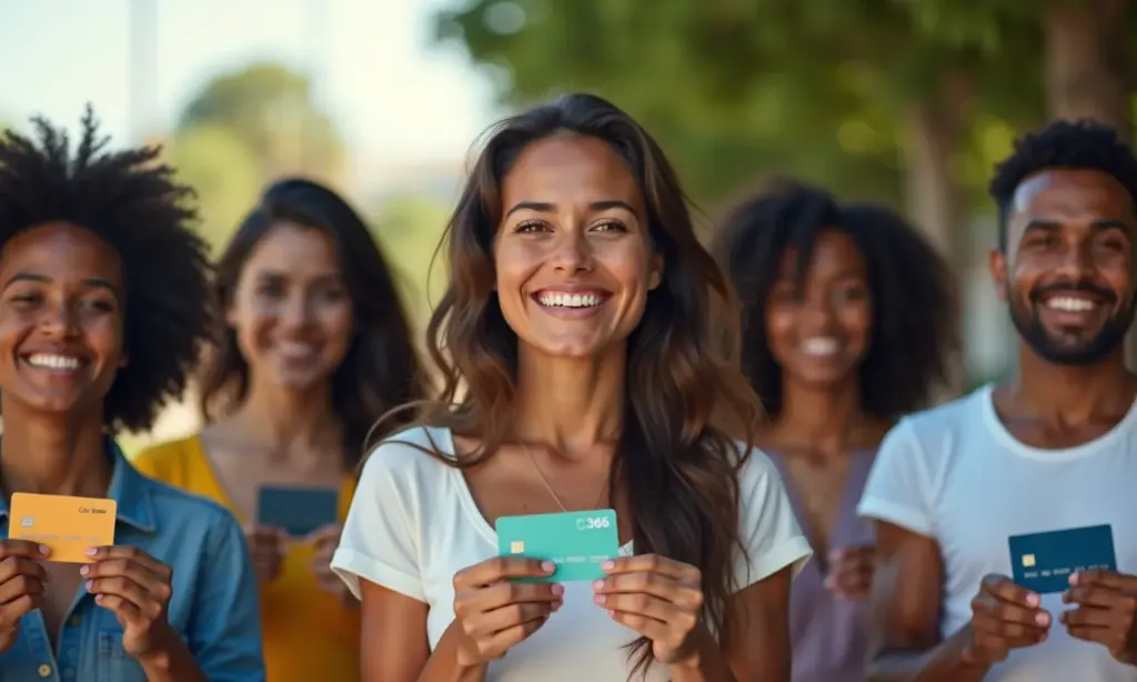 Pessoas diversas segurando cartões de crédito com esperança, representando oportunidades financeiras para negativados.