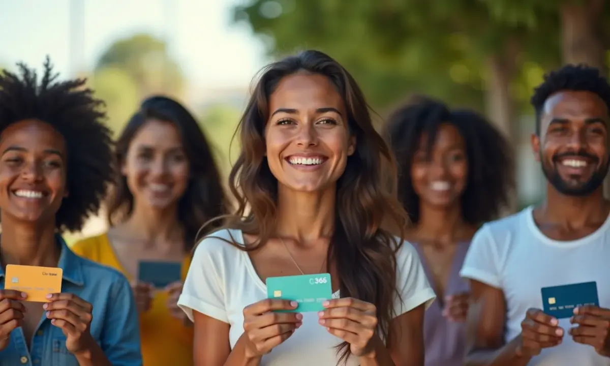 Cartão de crédito para negativado aprovado na hora Existe mesmo Pessoas diversas segurando cartões de crédito com esperança, representando oportunidades financeiras para negativados.