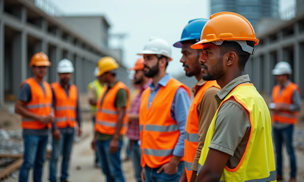 Pessoas diversas trabalhando juntas em uma construção, usando equipamentos de segurança.