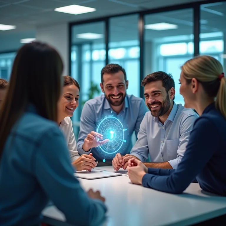 Pessoas interagindo com uma interface holográfica.
