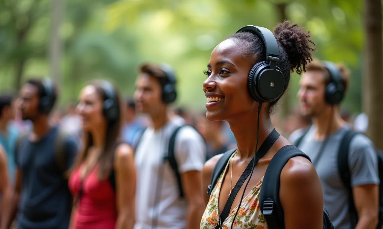 Pessoas ouvindo um podcast em um parque brasileiro.
