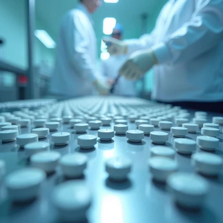 Pílulas de medicamentos genéricos sendo fabricadas em planta farmacêutica na Índia.