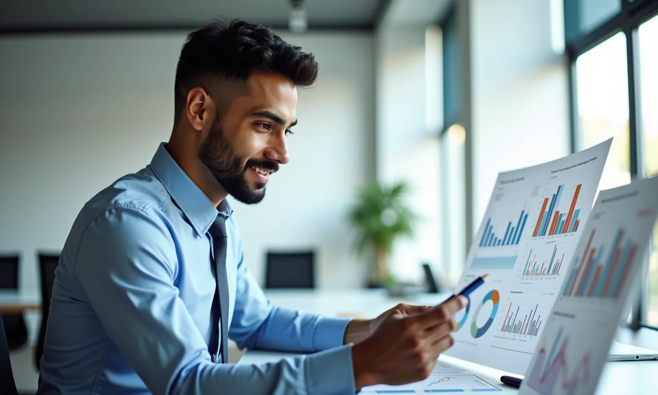 Planejador financeiro analisando dados com concentração e profissionalismo.