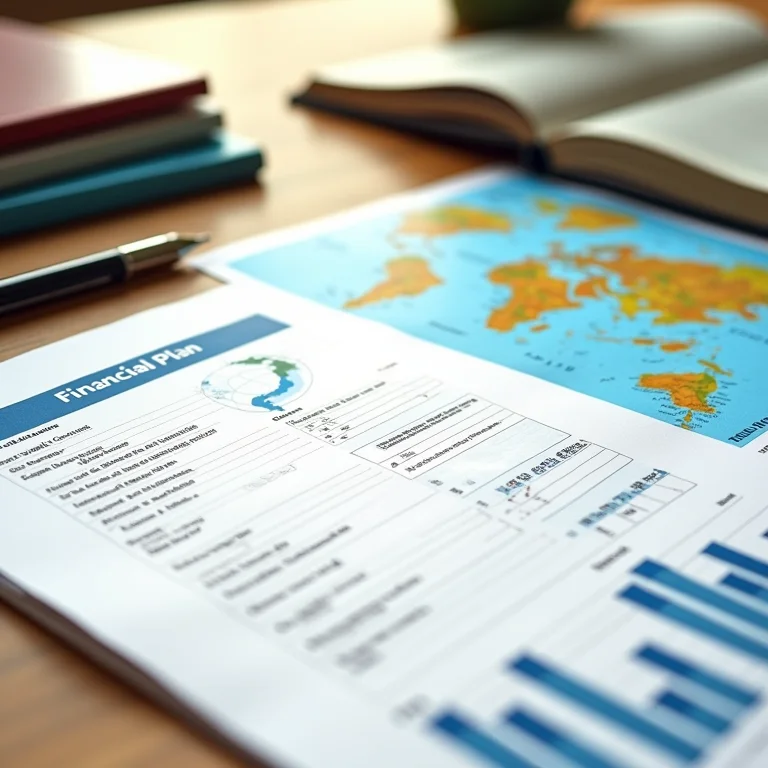 Planejamento financeiro para um ano sabático com mapa e folhetos de viagem