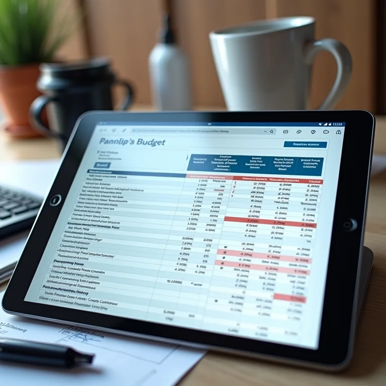 Planilha de orçamento detalhada em tablet, essencial para um ano sabático financeiramente sustentável.