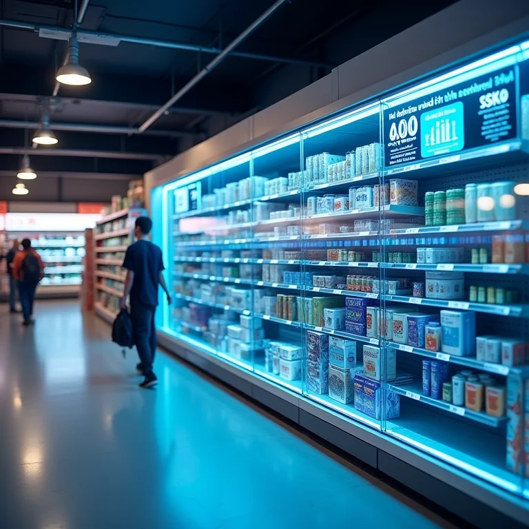 Prateleiras inteligentes exibindo informações de produtos.