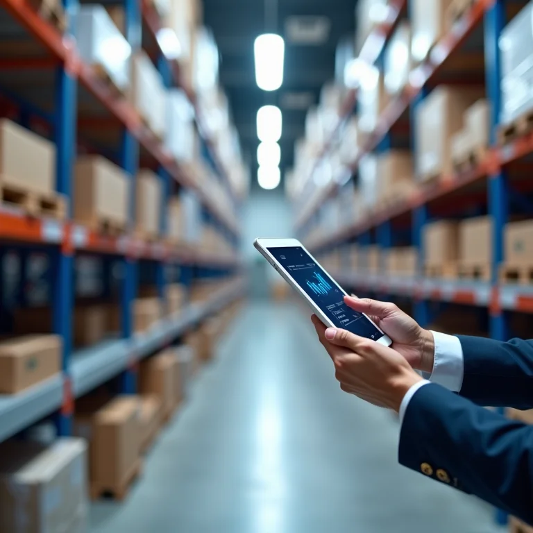Prateleiras organizadas de um estoque de e-commerce com tablet mostrando sistema de gerenciamento.