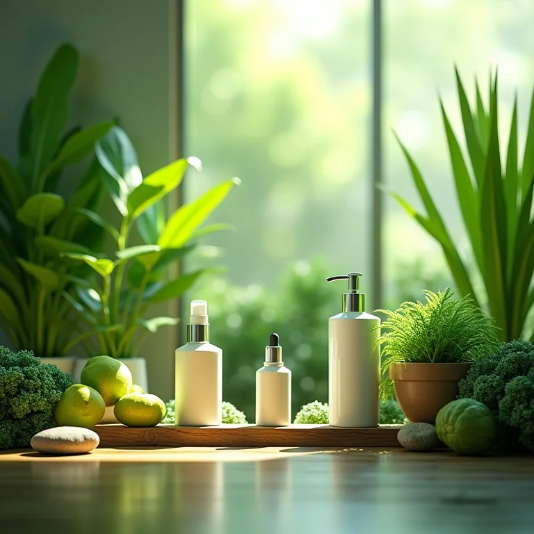 Produtos sustentáveis em um ambiente verde, representando o investimento em sustentabilidade.