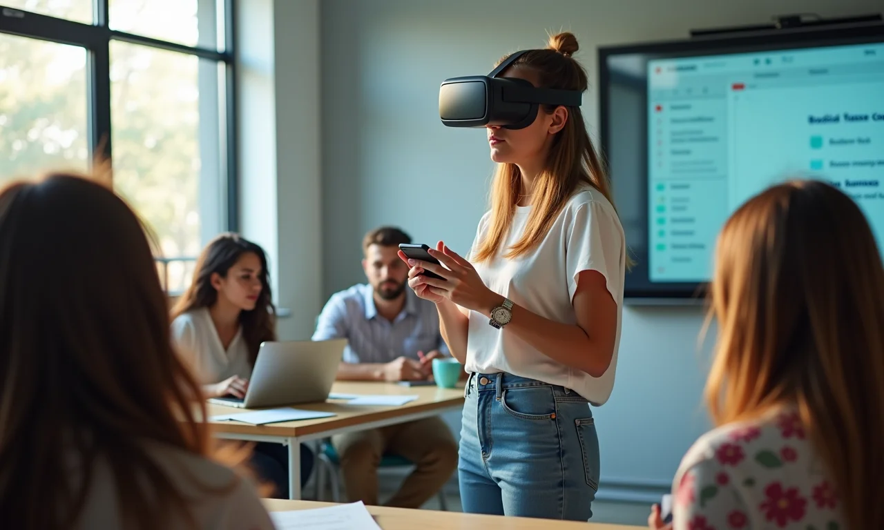 Professora brasileira usando headset de realidade virtual em sala de aula moderna.
