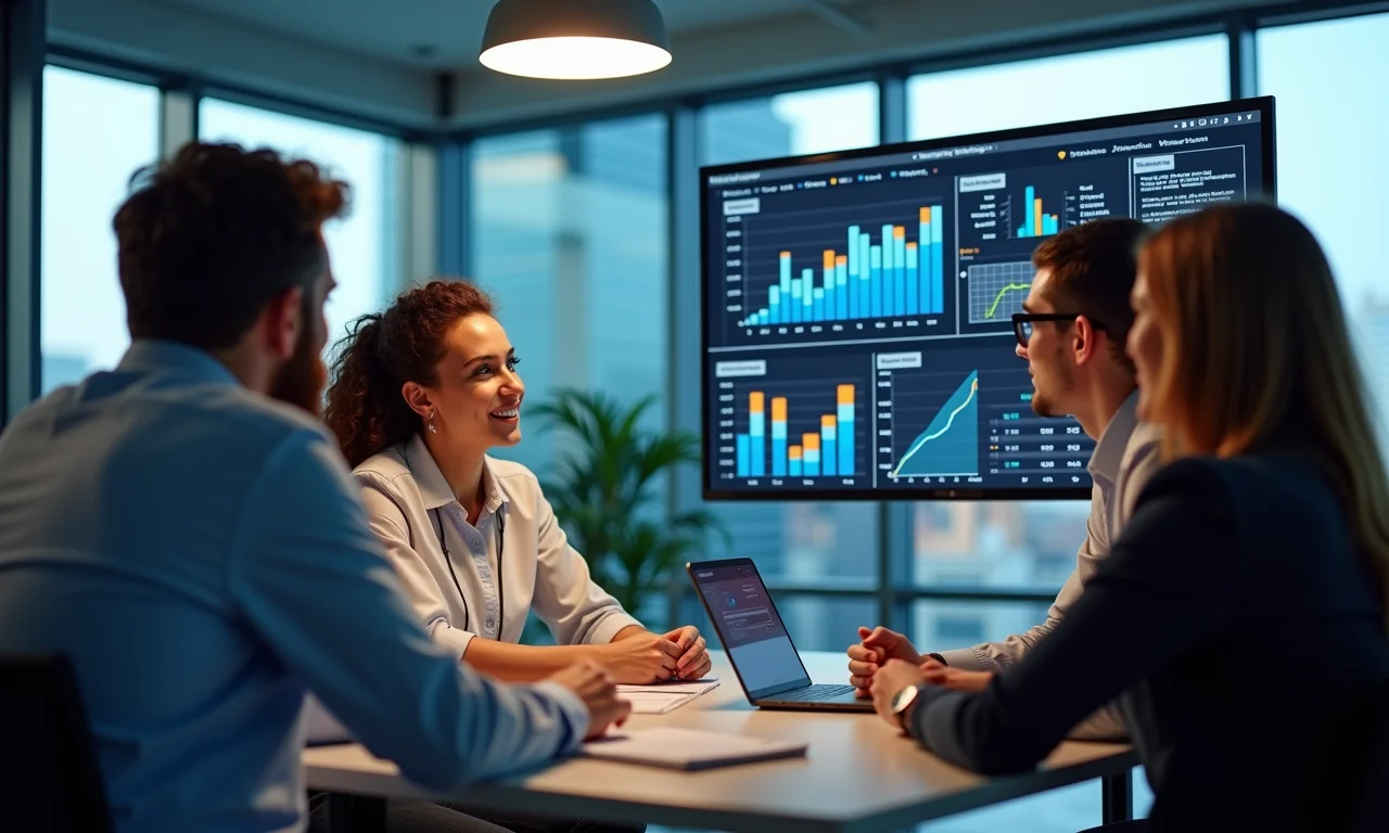 Profissionais analisando dashboards de dados com insights de IA.
