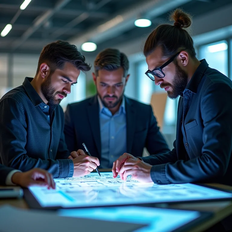 Profissionais de diversas áreas colaborando em um projeto de design especulativo.