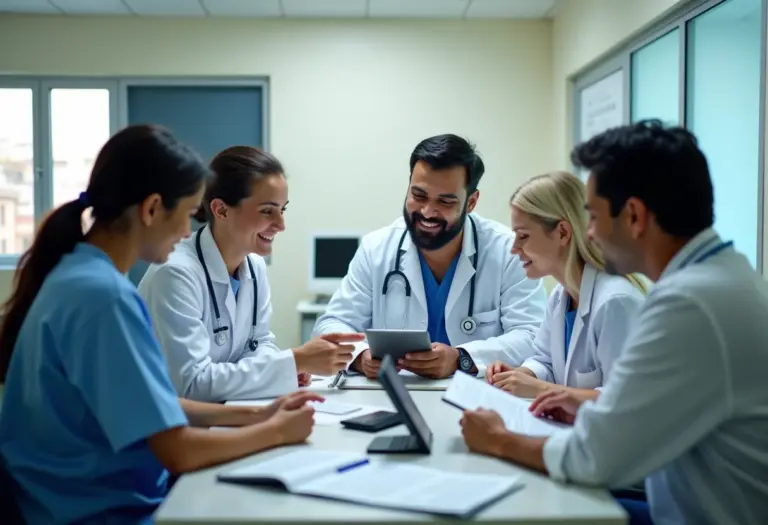 Profissionais de saúde indianos usando tecnologia de telemedicina em clínica rural moderna.