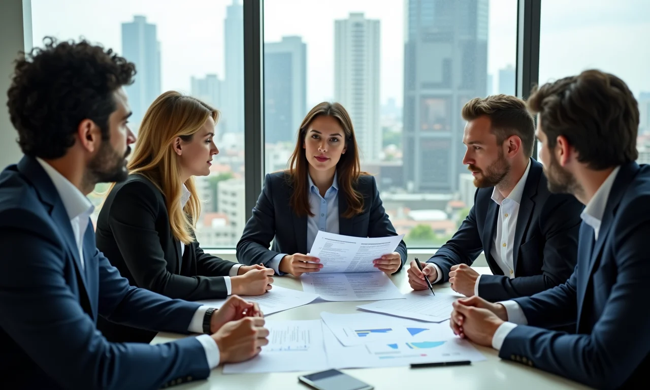 Profissionais discutem relatórios financeiros, comparando o ROE com outros indicadores.