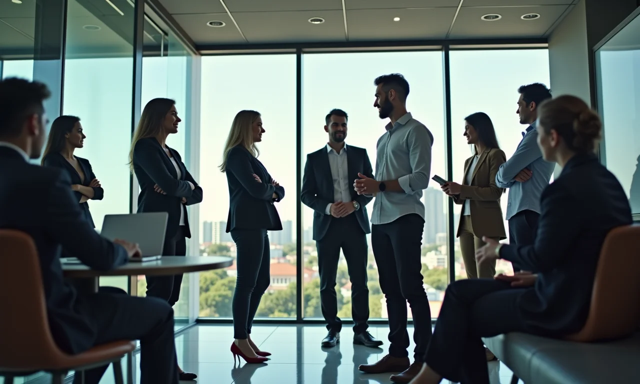 Profissionais discutindo investimentos em escritório moderno, com foco na transparência.