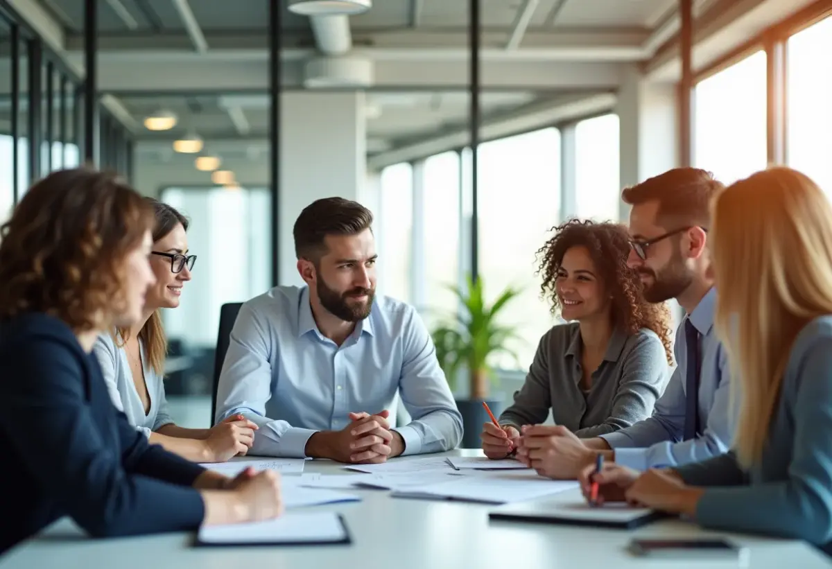 Felicidade no trabalho: o segredo que as empresas escondem Profissionais diversos colaborando em um escritório moderno