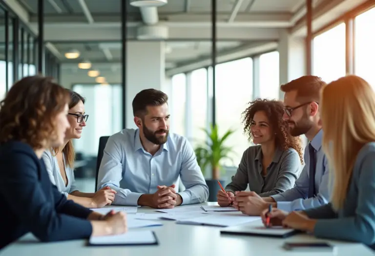 Felicidade no trabalho: o segredo que as empresas escondem Profissionais diversos colaborando em um escritório moderno