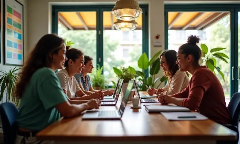 Profissionais diversos colaborando em um espaço de co-working vibrante, representando o futuro da educação no Brasil.