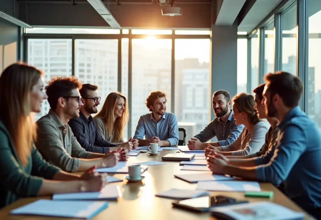 Profissionais diversos colaborando em um espaço de trabalho moderno, simbolizando a economia da paixão.