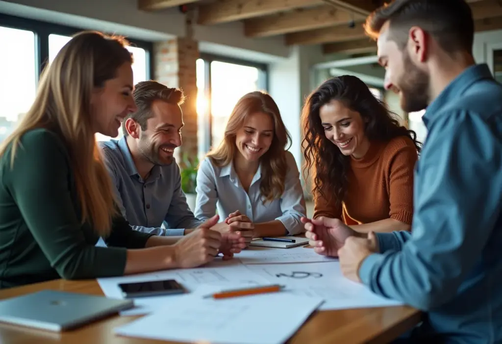 Profissionais diversos colaborando em um projeto com paixão e energia.