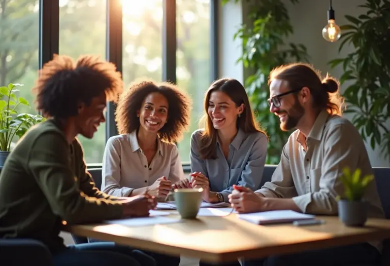 Felicidade no trabalho: 5 passos (simples) para alcançar a sua Profissionais diversos colaborando felizes em escritório iluminado, transmitindo bem-estar e positividade no trabalho.