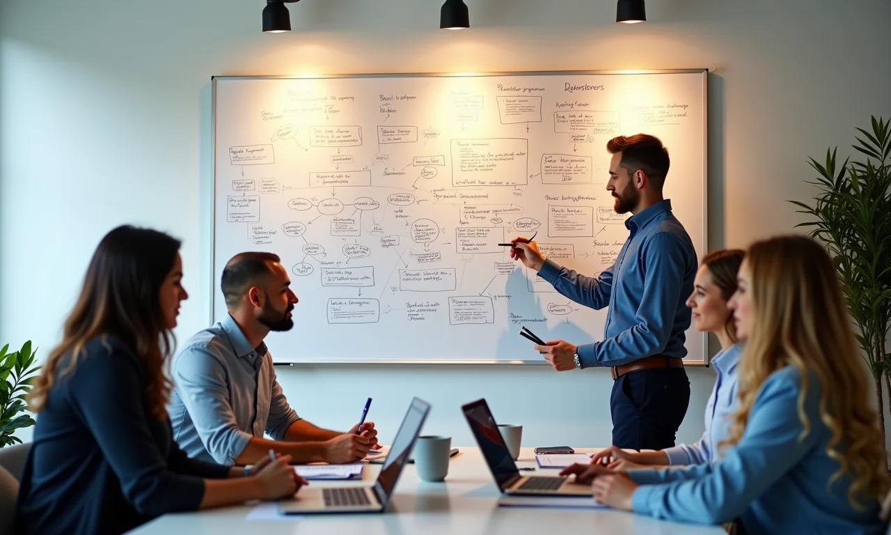 Profissionais diversos em brainstorming sobre pensamento sistêmico.