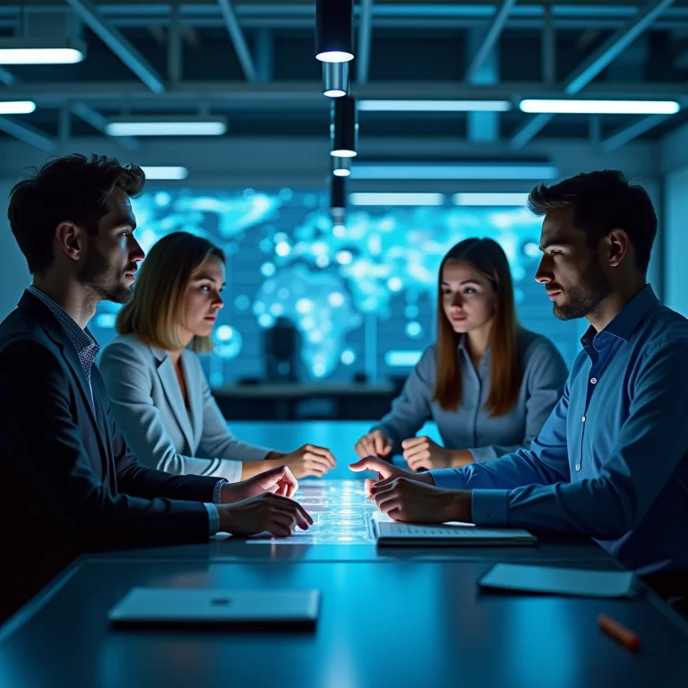 Profissionais diversos interagindo com uma interface de Inteligência Artificial.