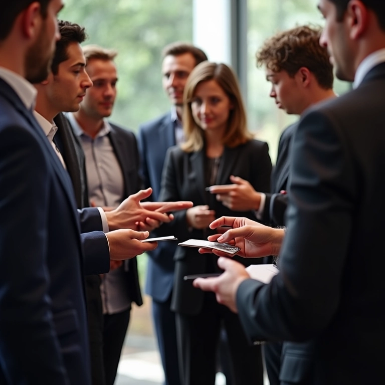 Profissionais diversos trocando cartões em evento de networking imobiliário.