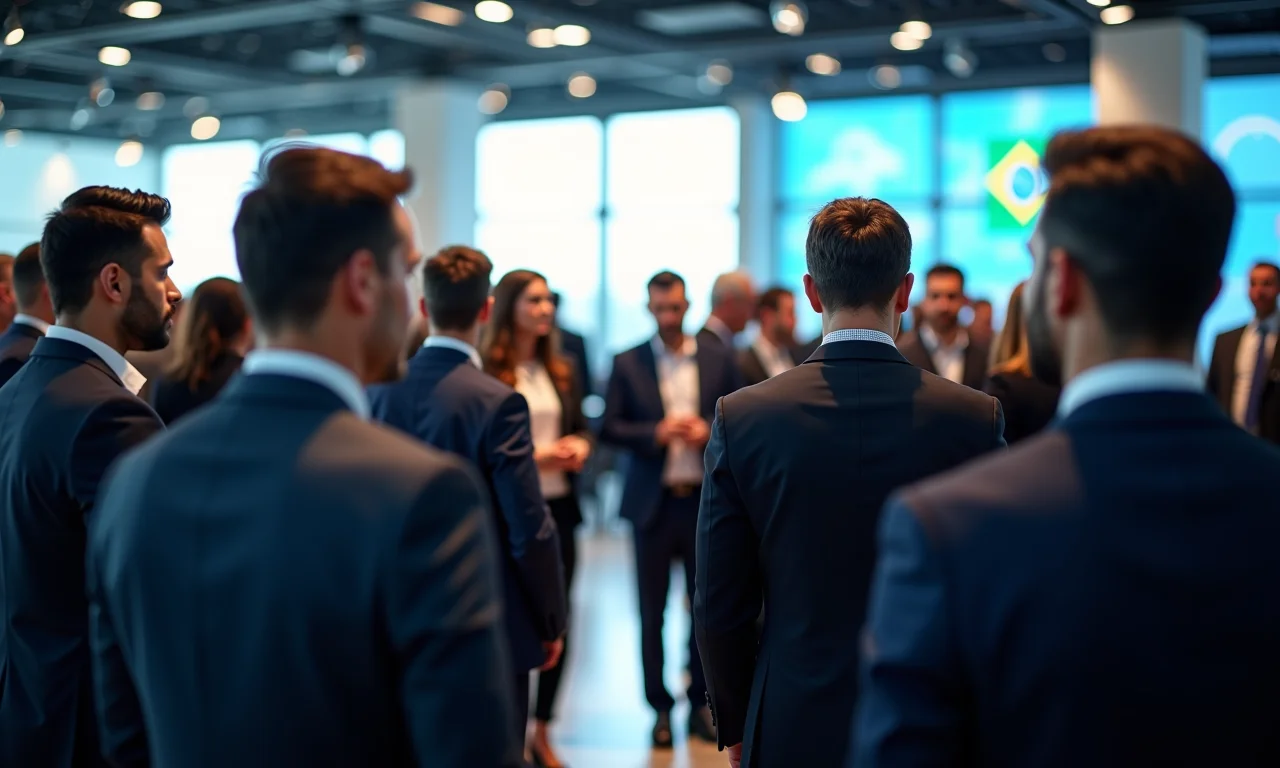 Profissionais financeiros construindo sua rede de contatos em um evento.