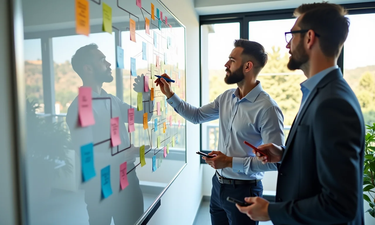 Profissionais mapeando stakeholders em quadro branco.