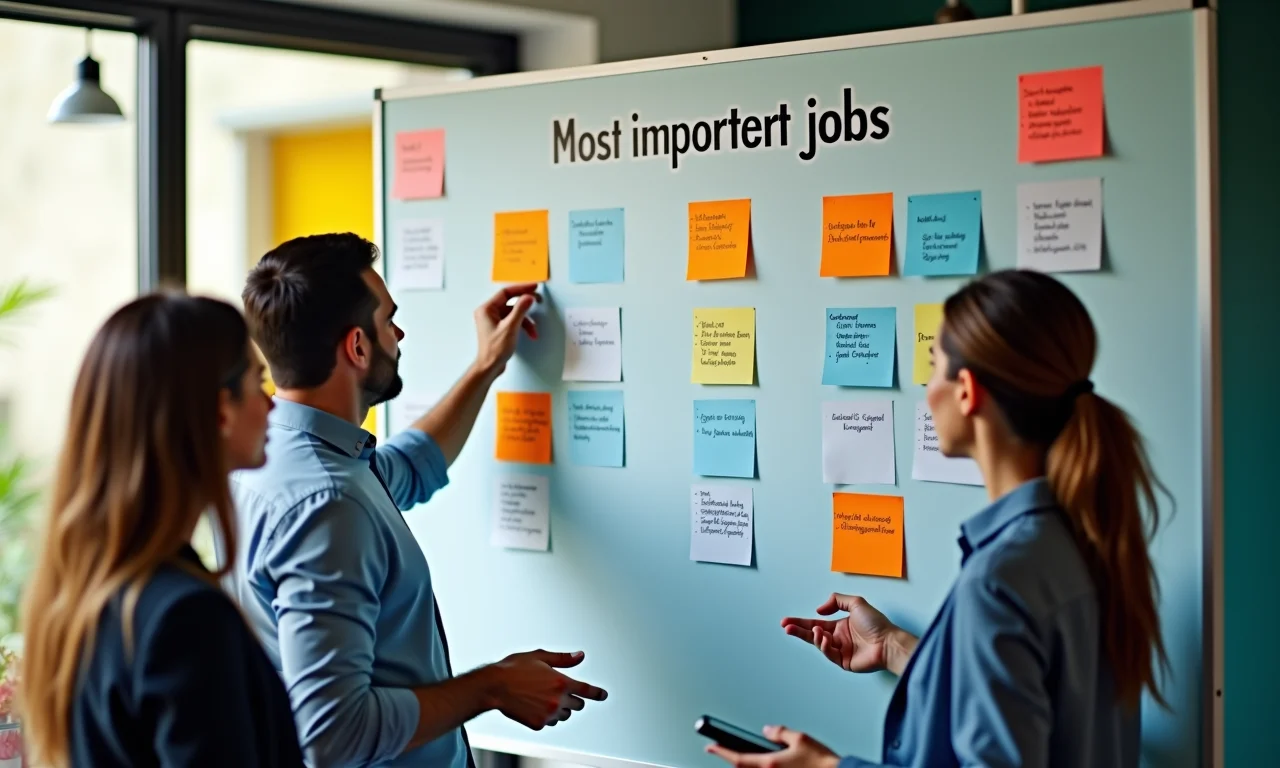 Profissionais priorizando tarefas em um Kanban, focando nos 'Jobs' mais importantes.