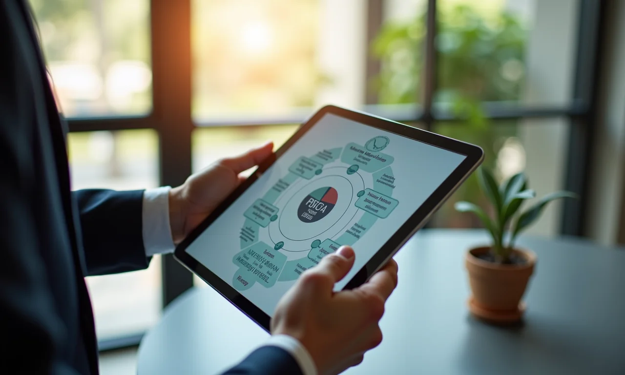 Profissional analisando ciclo PDCA em tablet digital.