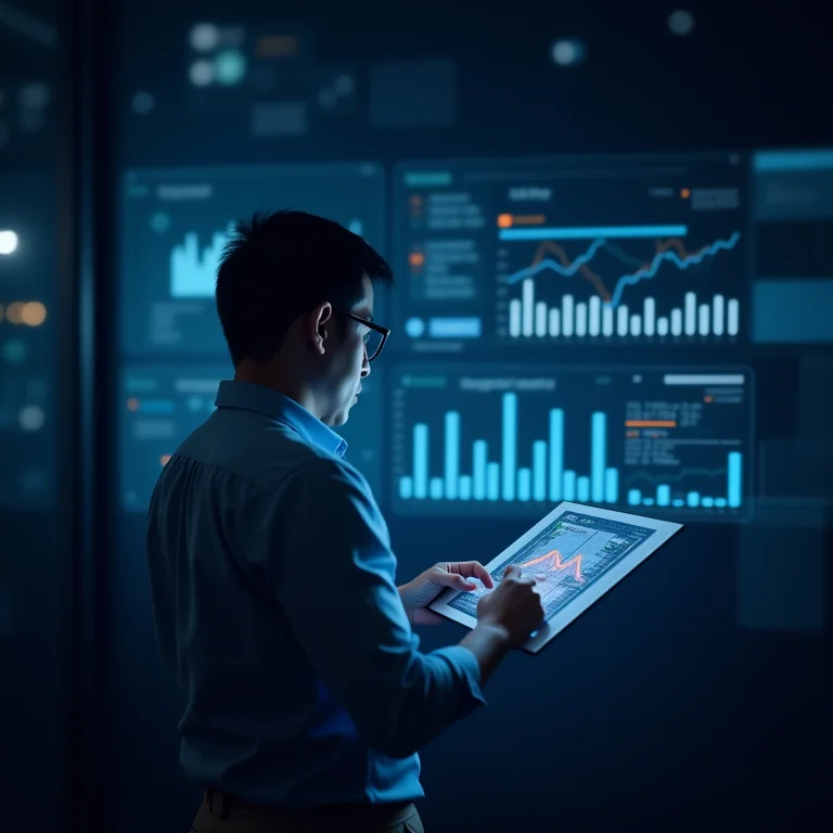 Profissional analisando dados e métricas de marketing em um painel.