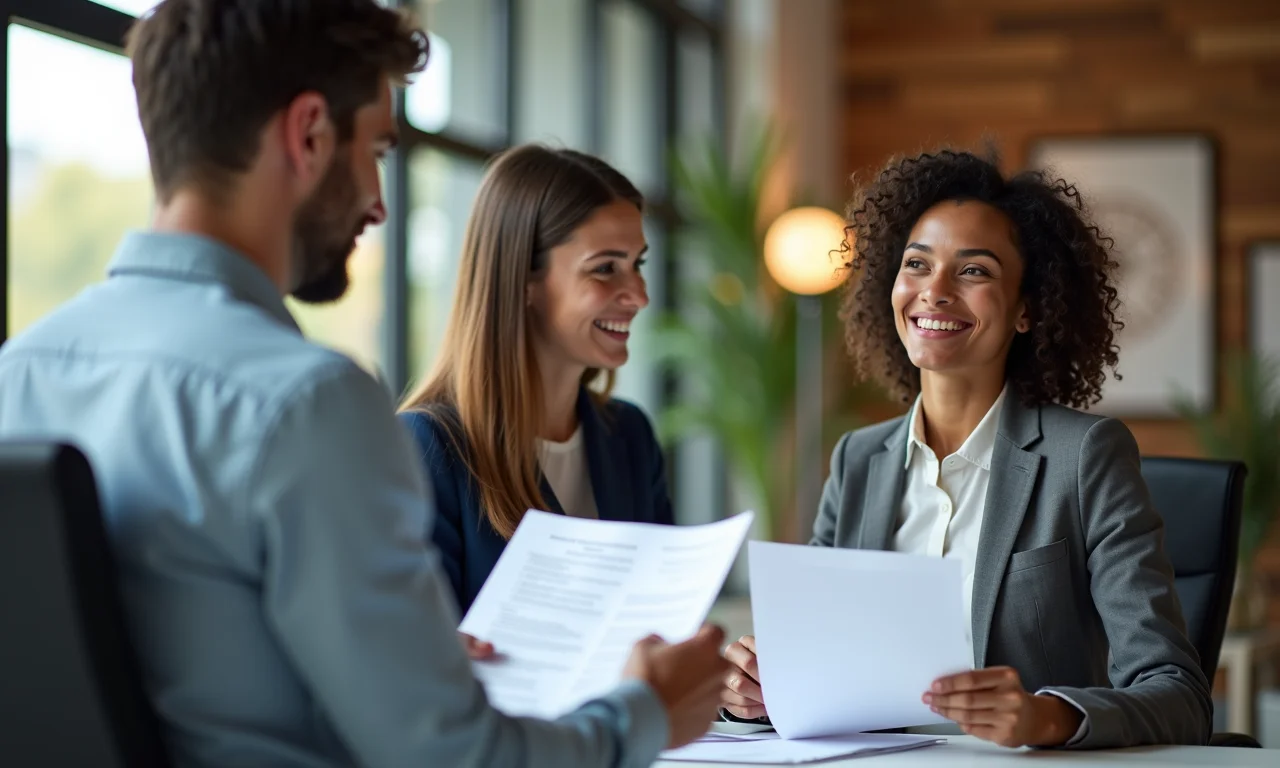 Profissional de RH sorrindo ao analisar currículos de candidatos diversos.