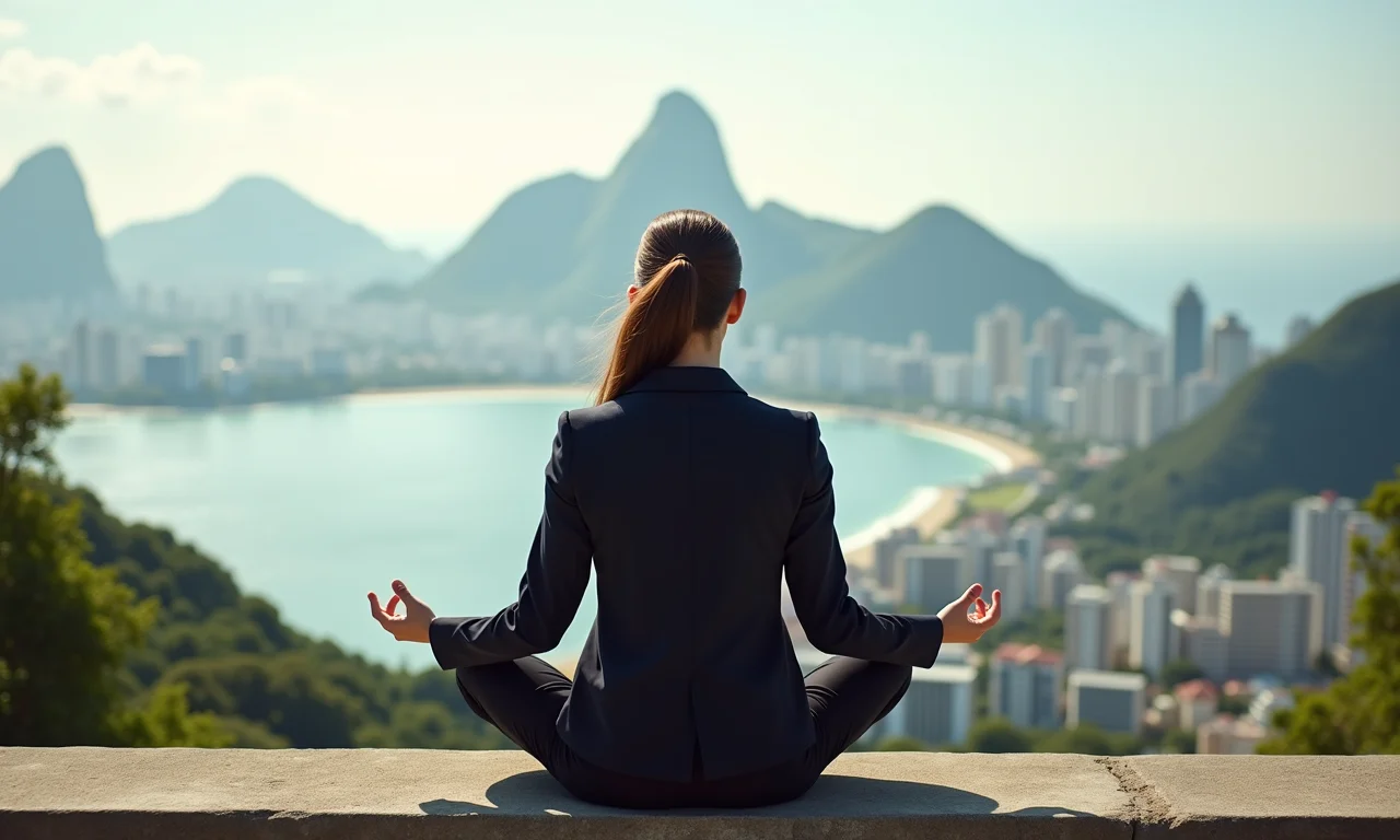 Profissional meditando com vista para o Rio de Janeiro, praticando autorregulação.