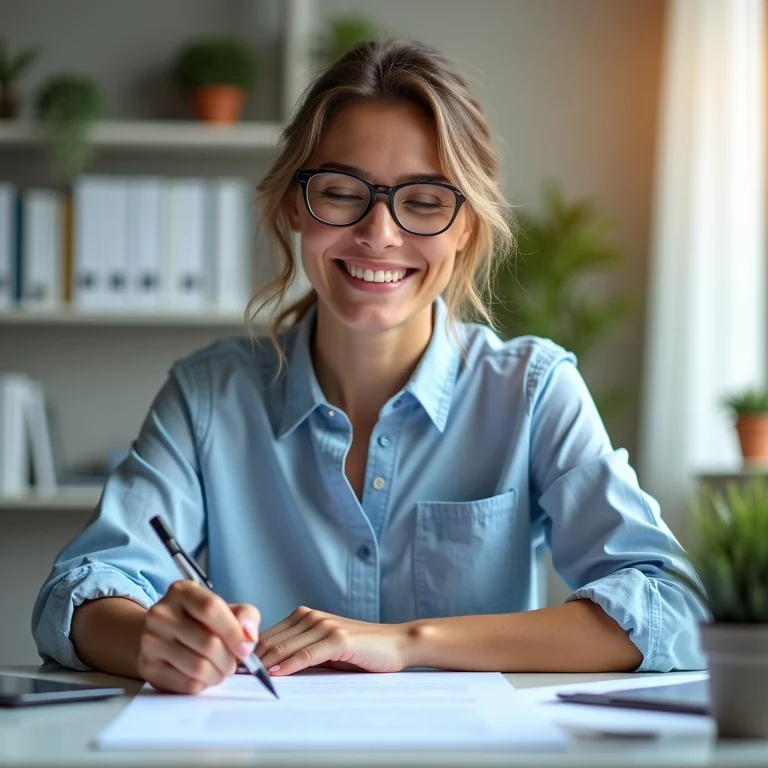 Profissional sorrindo enquanto trabalha em projeto com propósito