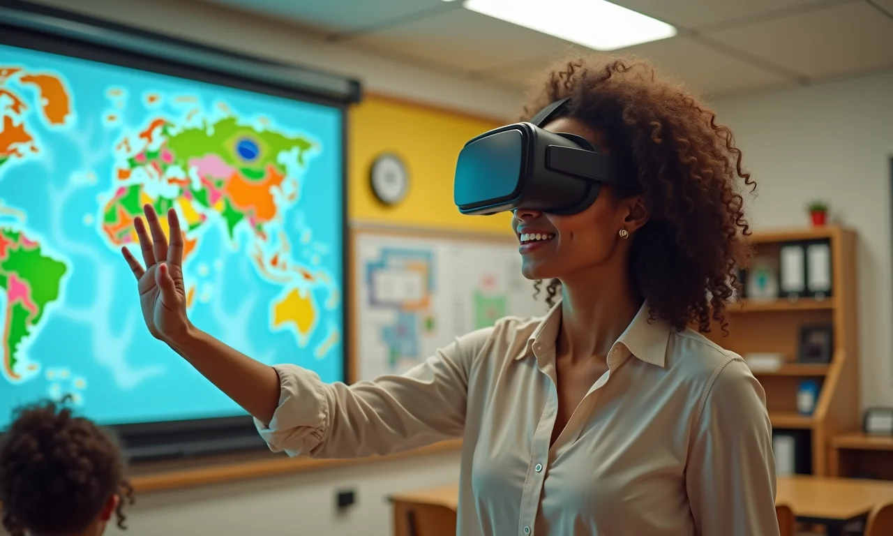 Profissional usando headset de VR em sala de aula decorada com arte brasileira, experimentando lição virtual interativa.