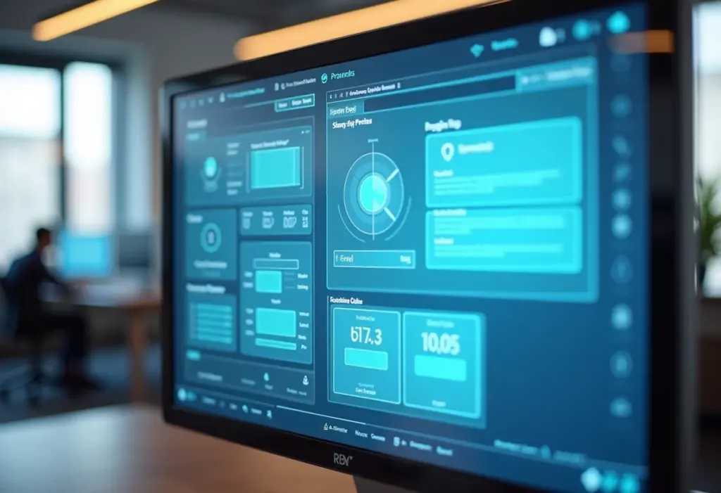 Protótipo de alta fidelidade exibido em um monitor widescreen.