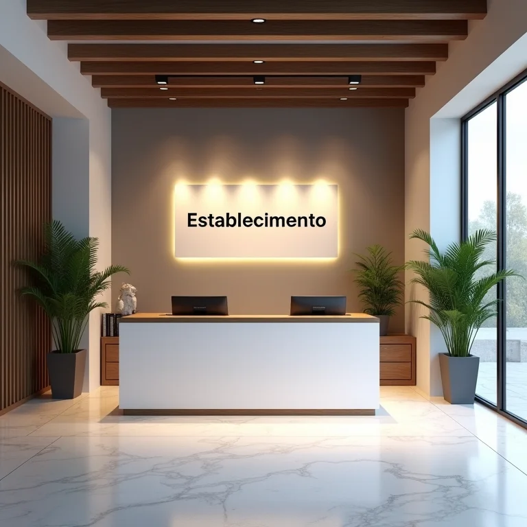 Recepção de um estabelecimento comercial com a sinalização 'Estabelecimento'.