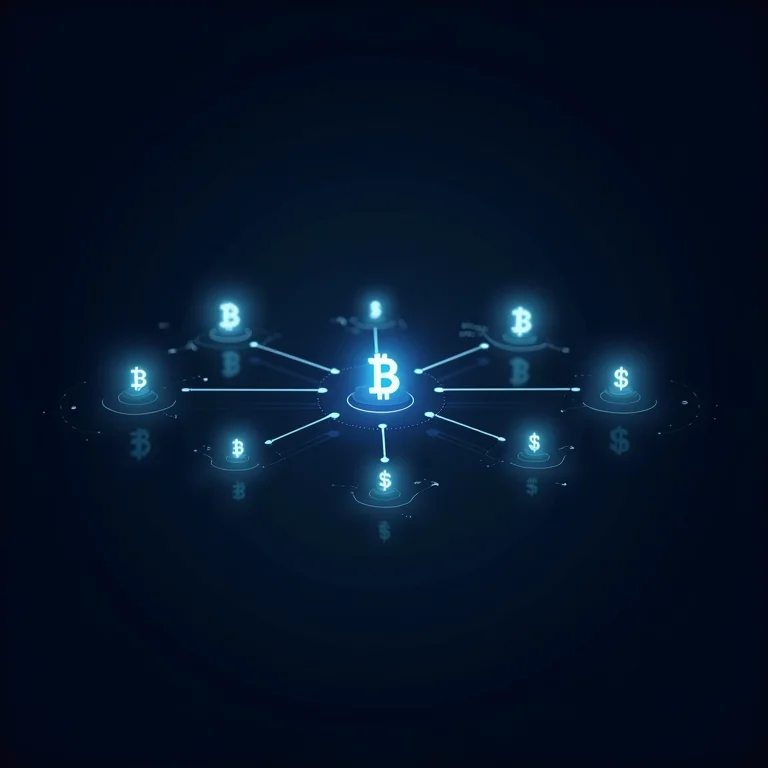 Rede blockchain com nós interconectados, representando transparência e segurança.