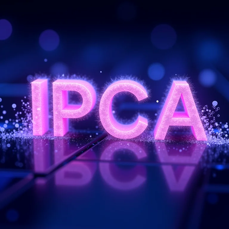Renderização abstrata das letras 'IPCA' formadas por partículas brilhantes.