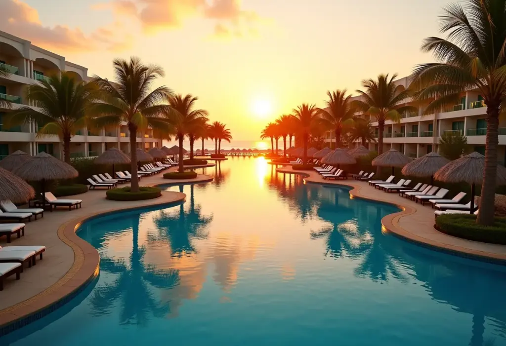 Resort de luxo com famílias aproveitando as férias ao pôr do sol