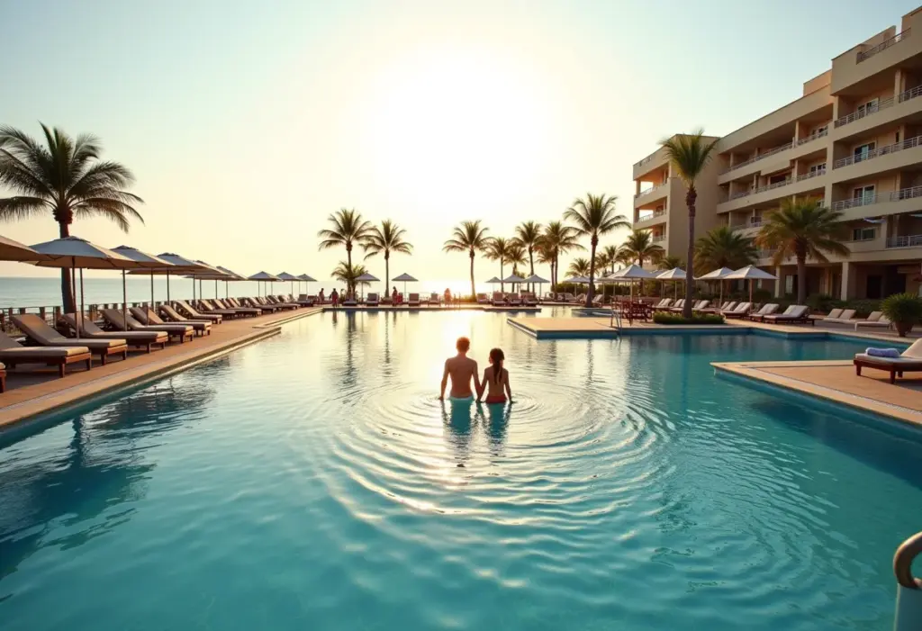 Resort de luxo com famílias aproveitando as férias sob a luz dourada do sol