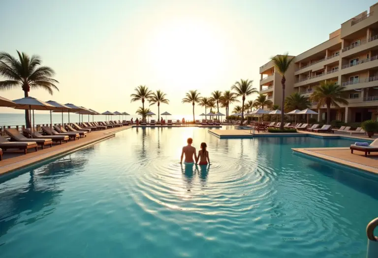 Resort de luxo com famílias aproveitando as férias sob a luz dourada do sol