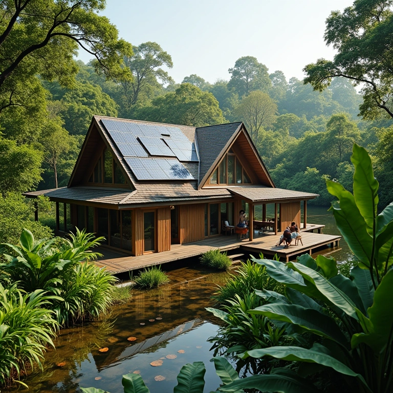 Resort ecológico na Amazônia, com painéis solares e casal desfrutando da natureza.