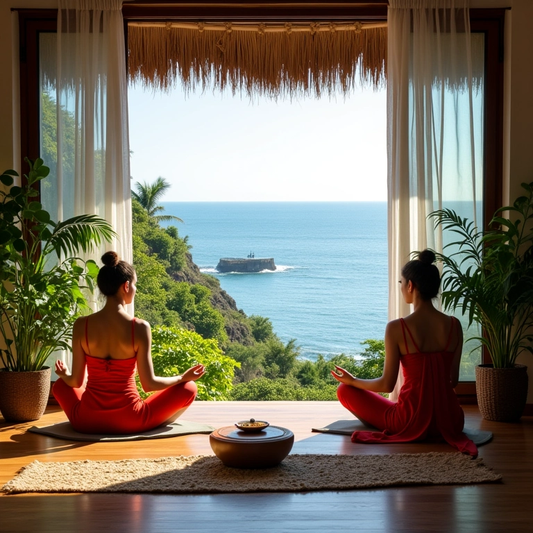 Retiro de yoga na Bahia com vista para o mar, comida saudável e meditação.